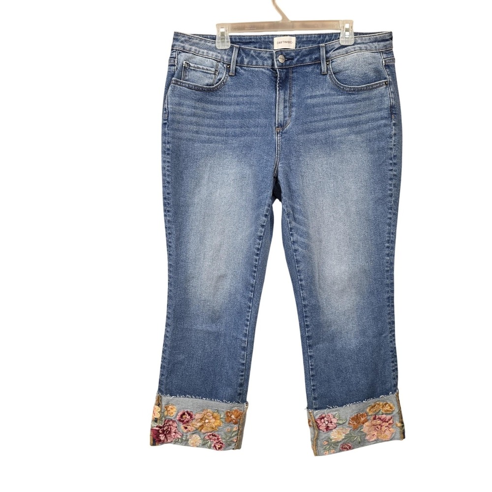 Driftwood Jeans Women 16 Blue High Rise Crop Floral Embroidered Frayed Cuff - Picture 3 of 13